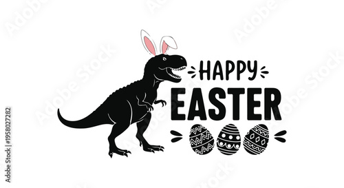 Happy easter text with a black silhouette dinosaur wearing bunny ears with t rex