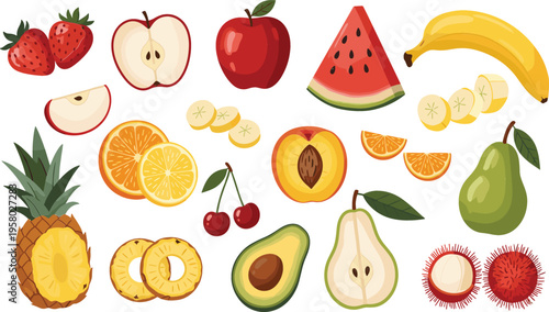 Fresh Tropical and Garden Fruit Vector Icon Set Featuring Apple, Banana, Watermelon, Pineapple, Avocado, Strawberry, Orange, and Pear for Food Design