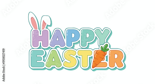 Happy easter text with pastel colors, bunny ears and a carrot, white background