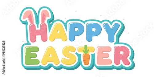 Happy easter text with colorful fluffy bunny ears and a green sprout with white background