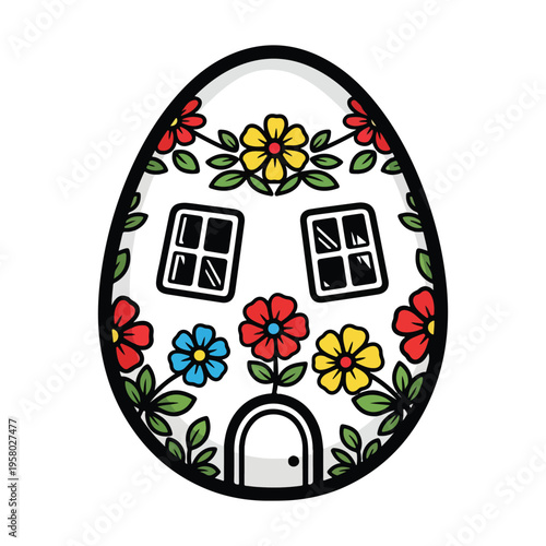 Whimsical easter egg house decorated with colorful flowers,, and door, flat design