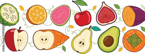 Hand Drawn Fruit and Vegetable Seamless Border Vector with Apple, Avocado, Fig, Guava, and Sweet Potato for Kitchen Decor and Food Packaging