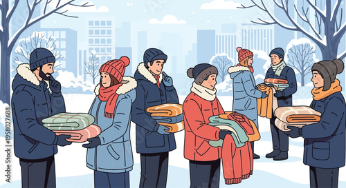 People sharing warm clothes during winter season.