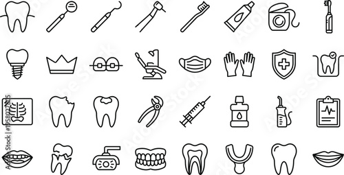 A set of dental icons in a line art design, including teeth, tools, and medical equipment, for use in a vector concept or bundle.