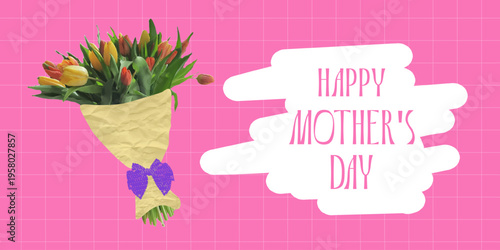 Happy Mothers Day card retro halftone floral collage with tulips bouquet in vintage scrapbook style for printable template, social media marketing campaign and seasonal promotion design