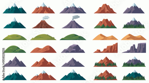 Large collection of flat vector mountain icons featuring snowy peaks, active volcanoes, green hills and desert sand dunes, concept for outdoor adventure maps, travel icons and infographics