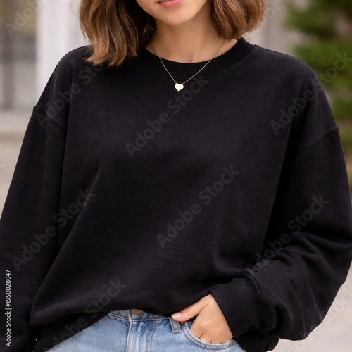 Woman wearing blank black oversized sweatshirt mockup outdoors