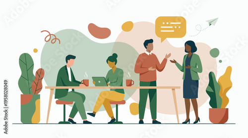 Diverse professional executives and office workers collaborating at a modern desk with laptops and coffee among plants, concept for corporate teamwork, business communication and startup management