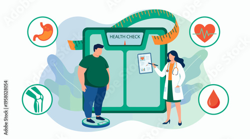 Overweight office manager on scale while female consultant explains medical checkup results, concept for obesity treatment, workplace health insurance and corporate wellness counseling