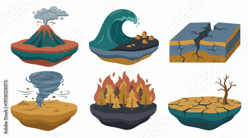 Natural disaster isometric icons with volcano eruption, tsunami, earthquake, tornado, forest fire and drought, concept for educational infographics, environmental awareness and safety