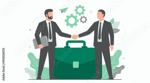 Two professional corporate executives shaking hands over a giant briefcase with gears background, concept for business partnership, corporate deal agreement and successful recruitment