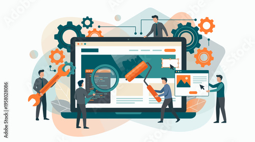 Professional software engineers and web designers collaborating to build a website interface on a laptop with gears and tools, concept for web development, digital design and SEO service