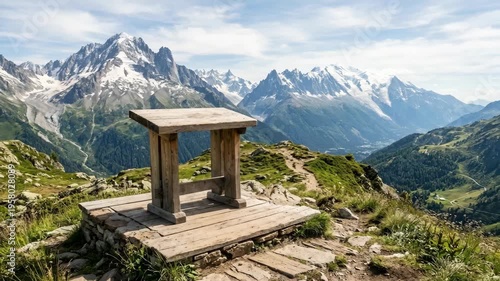 Wooden resting bench on a scenic mountain peak overlooking a valley and snowy peaks