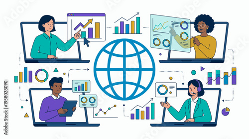 financial analyst and marketing manager presenting data charts via global virtual meeting on laptops, concept for business strategy, global teamwork and digital corporate networking