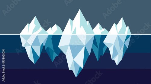 Low poly geometric iceberg illustration with white peaks above sea level and deep blue ice underwater, concept for psychological analysis, metaphorical business strategy and global warming