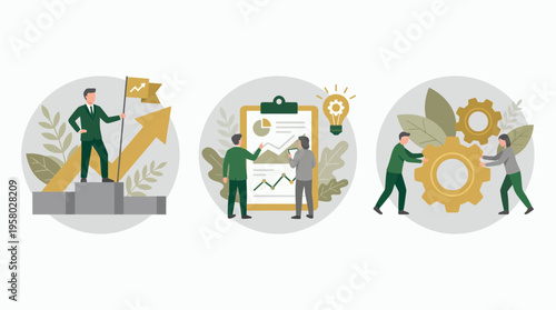 Successful CEO on podium with flag and analysts examining charts next to managers rotating gears, concept for business growth strategy, project management and corporate teamwork