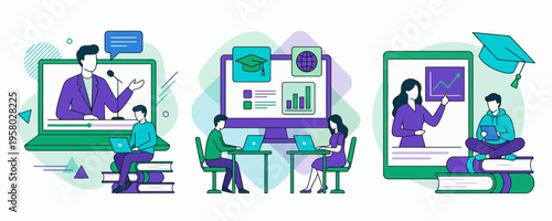 Professional lecturers and students using laptops for digital online learning courses and remote academic webinars, concept for online education, virtual training and career development