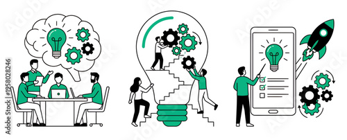 Project managers and creative developers collaborating on innovative business strategies with lightbulbs and gears, concept for startup development, corporate identity and workflow optimization