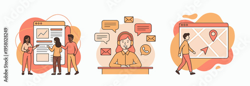 Diverse project managers analyzing data charts, customer support agent with headset and logistics manager tracking digital map, concept for corporate workflow, online service and marketing management