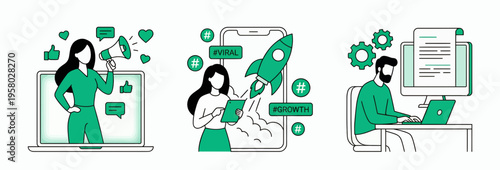 Social media manager with megaphone, marketing specialist launching rocket and professional copywriter working at desk on computer, concept for digital marketing, business growth and advertising