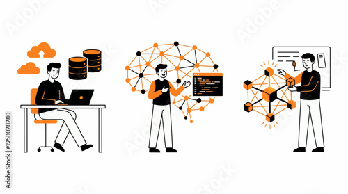 Professional data engineer and machine learning specialist managing cloud servers and neural network architecture, concept for software development, cyber security and big data analysis