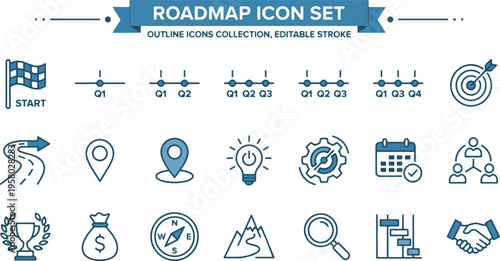 Business Roadmap Icon Set with Strategy Timeline and Planning Symbols in Blue Outline Style