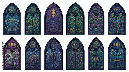 Detailed set of arched stained glass windows with floral lilies and sun patterns in blue and purple tones, concept for church decor, gothic architecture and historical background