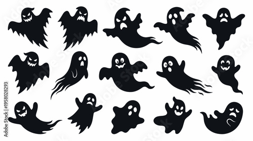 Collection of flying ghost silhouettes with various facial expressions and spooky characters isolated on white, concept for halloween decoration, graphic design and party invitations