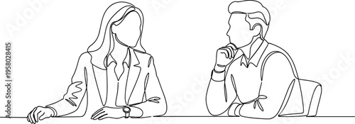 business meeting discussion line art two professionals talking collaboration teamwork office communication minimalist continuous line drawing modern corporate concept