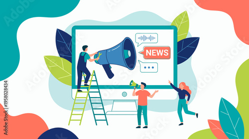 Professional public relations specialists and marketing managers broadcasting digital news through large megaphone on computer screen, concept for media promotion, press release and advertising