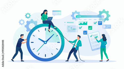 Team of professional project managers and executives collaborating around giant clock with schedule dashboard, concept for time management, workflow optimization and corporate productivity