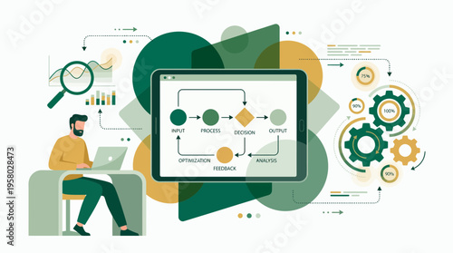 Professional business analyst examining digital workflow diagrams on a tablet at a desk with charts, concept for process optimization, strategic corporate management and data analysis