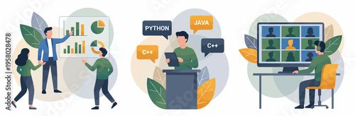 Professional data analyst, software engineer and remote manager performing digital business tasks with charts and code, concept for software development, data analytics and virtual collaboration