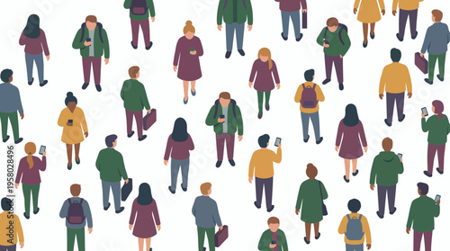 Large crowd of diverse business managers and office employees walking and using smartphones on white background, concept for digital connectivity, urban commuting and corporate communication