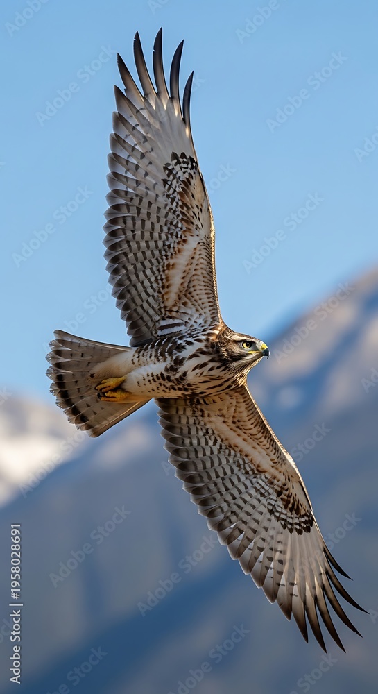 Fototapeta premium Soaring hawk in flight against blue sky and mountain landscape