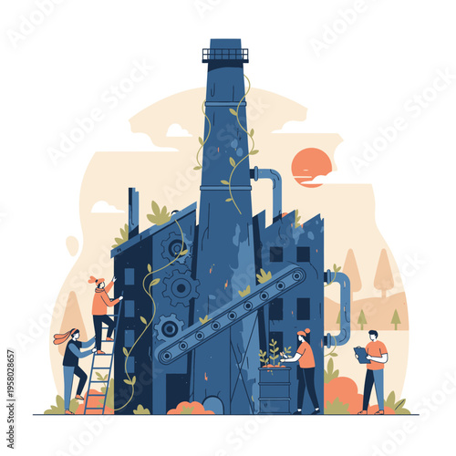 Industrial building with people working on renovation.