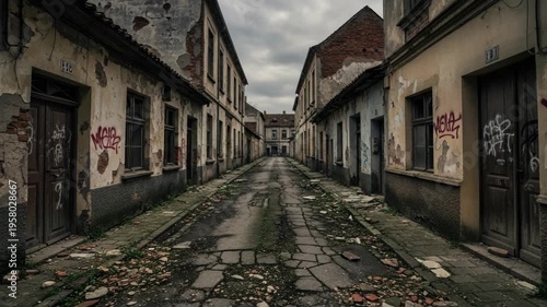 Dilapidated urban alleyway with crumbling buildings and graffiti under a cloudy sky