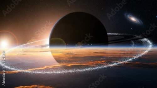 Cosmic scene with planet, rings, sun, galaxy and atmosphere