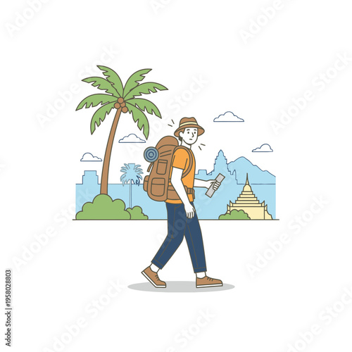 Man with backpack walking on a sunny day.