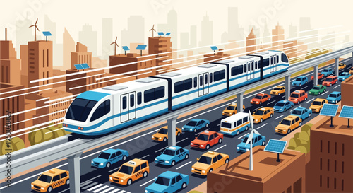 Modern Monorail Train Traveling Above Busy City Road.