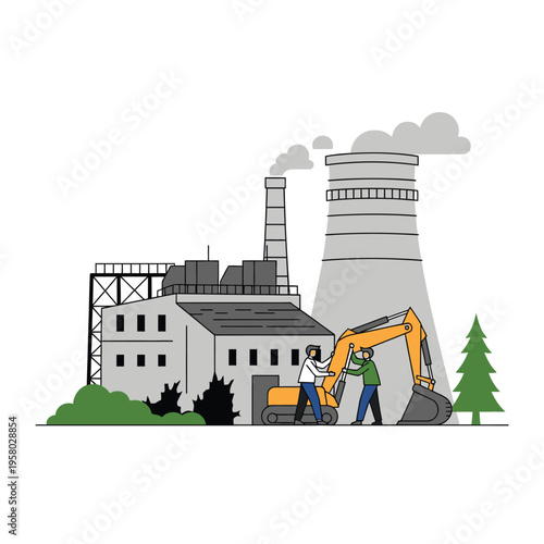 Industrial construction site with excavator and workers.