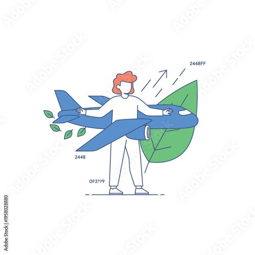 Person holding eco friendly airplane with green leaf symbol.