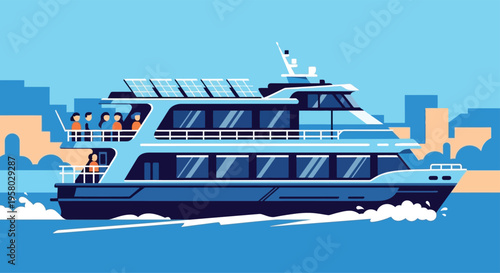 Modern Passenger Ferry Boat Sailing on Water.
