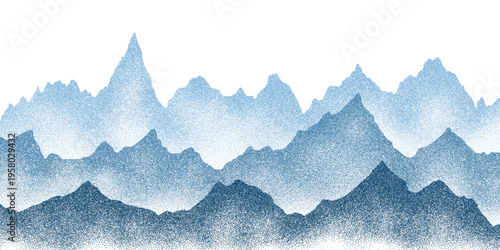 Mountain ridge silhouette with geometric dot pattern and gradient sunrise vector illustration creating abstract panoramic landscape background for artistic design projects and creative templates.