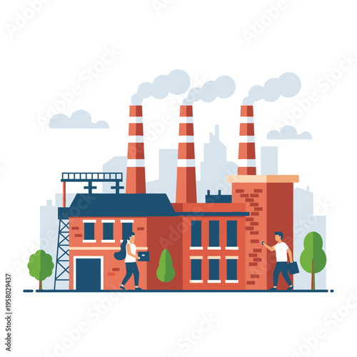 Industrial Factory Building with Smoking Chimneys and Workers.
