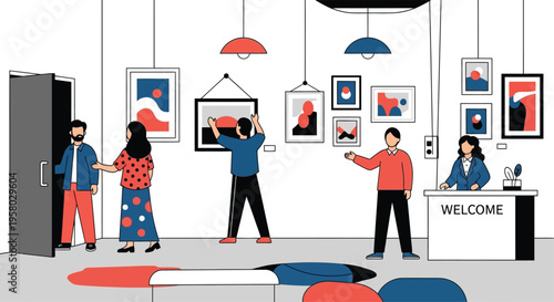 People visiting art gallery exhibition admiring paintings.