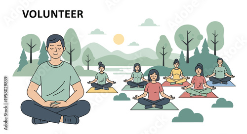 Man leads group in mindful meditation session outdoors.