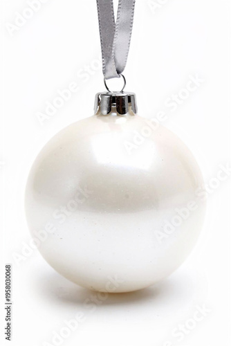Elegant White Pearl Christmas Ornament Ball with Silver Cap and Ribbon Isolated on White Background