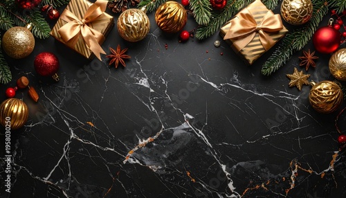 Festive red and gold Christmas tree decorated with ornaments and ribbons standing next to elegant gift boxes for a joyful winter holiday celebration