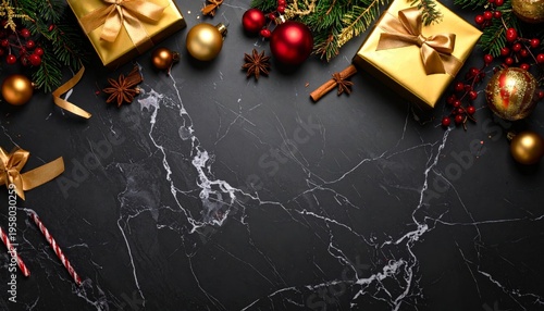 Festive red and gold Christmas tree decorated with ornaments and ribbons standing next to elegant gift boxes for a joyful winter holiday celebration